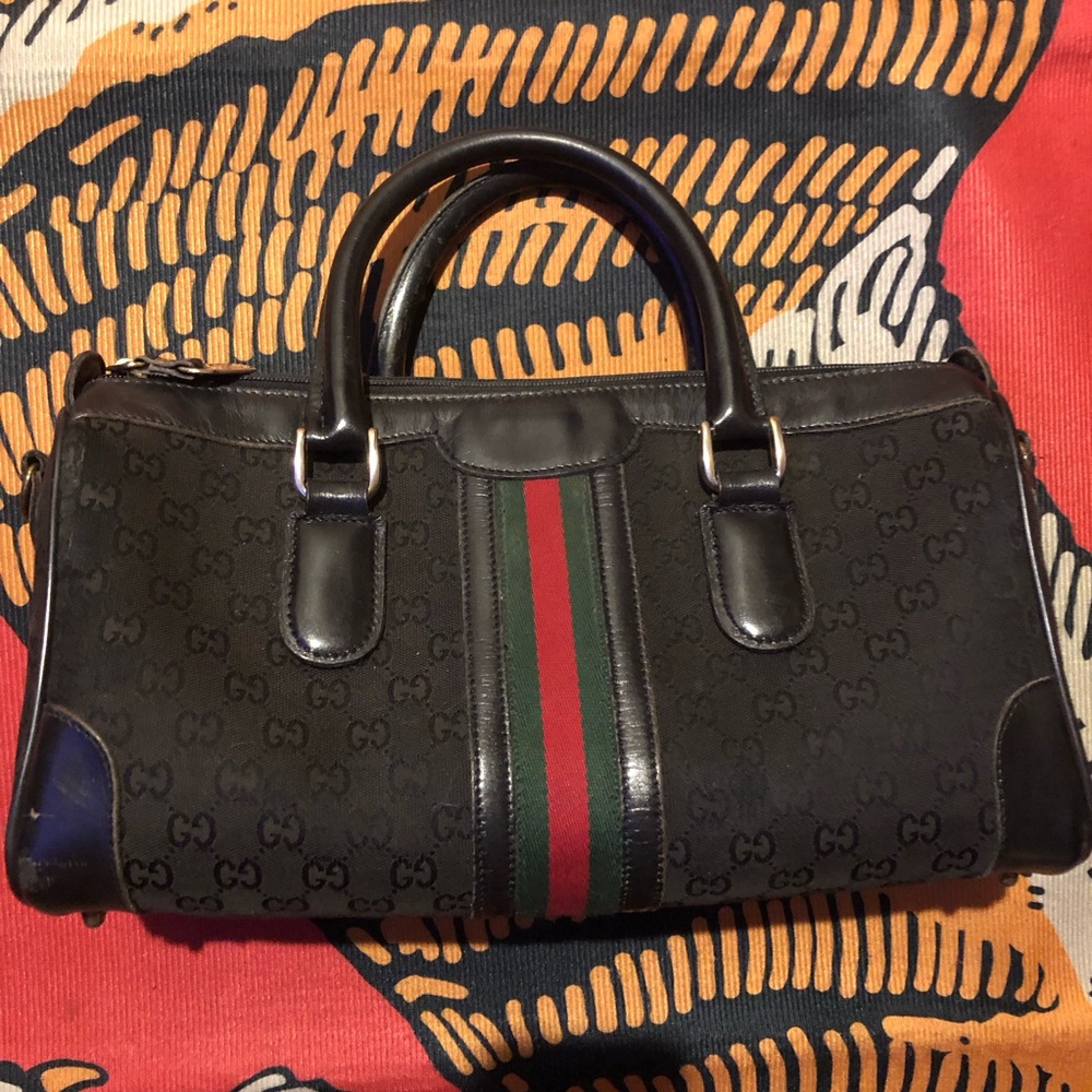 Vintage Gucci Boston Bag black with Signature G and Stripes 70s - Picture 5 of 7